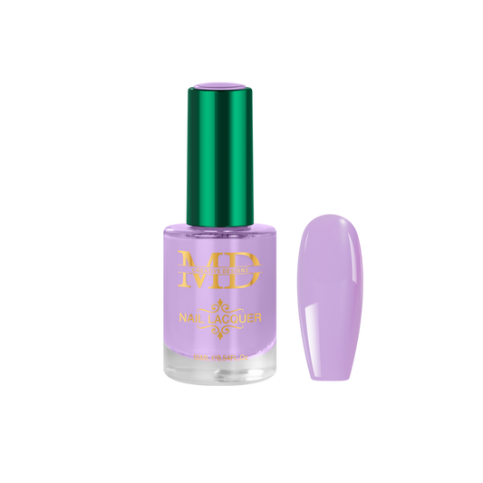 Purple nail polish bottle with green cap and matching nail tip color swatch on a white background