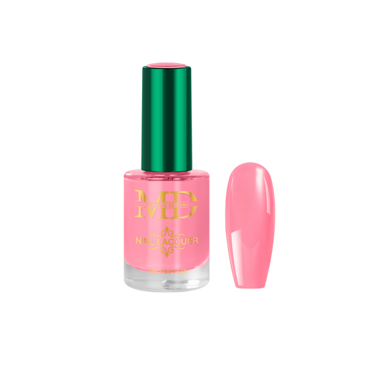 Pink nail polish bottle with green cap on a white background