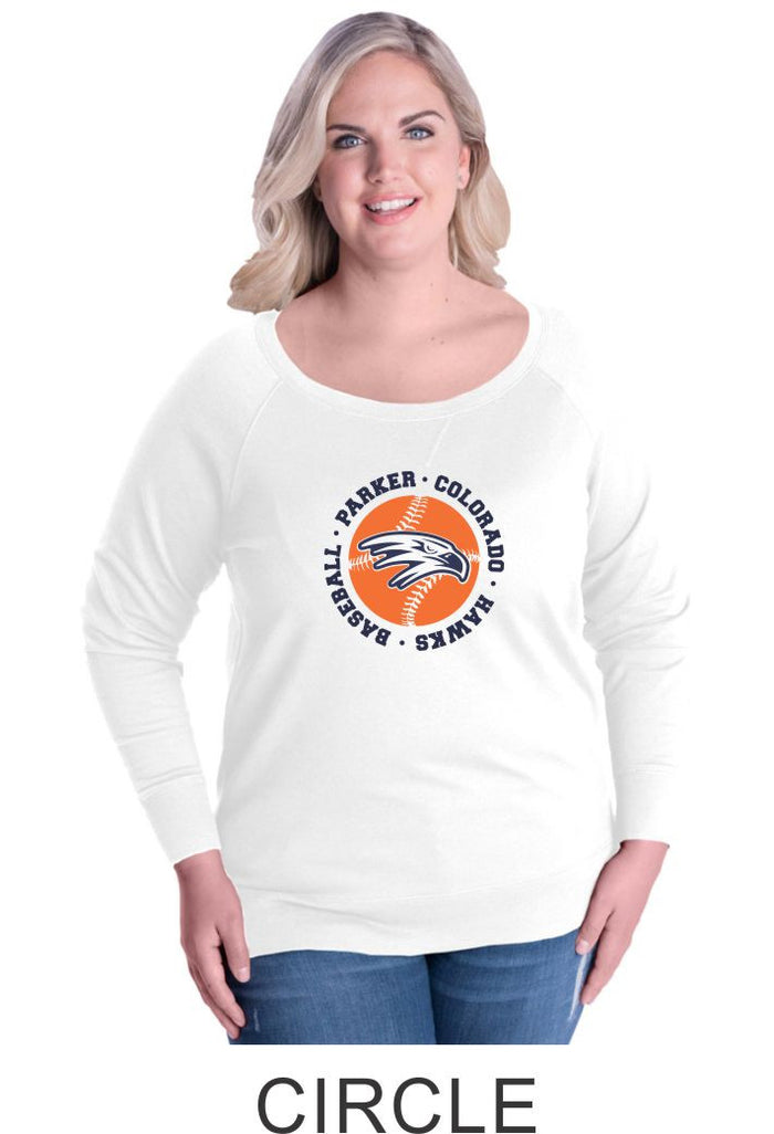 Hawks Baseball Circle Curvy Ladies Slouchy Pullover- Matte or Glitter