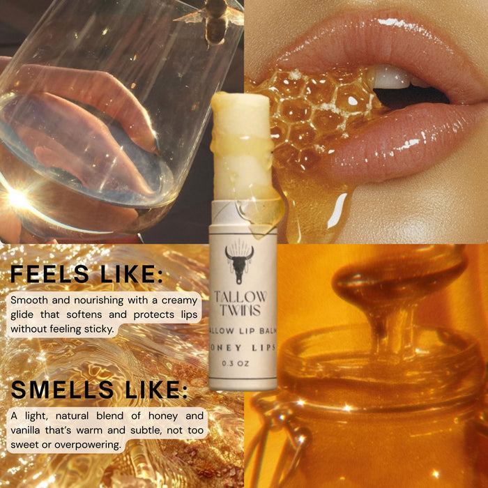 Honey Lips tallow lip balm with honeycomb and honey. Feels like a creamy glide that softens lips without stickiness; smells like a light blend of honey and vanilla.