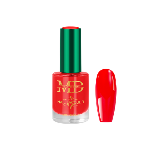 Red nail polish bottle with green cap on a white background