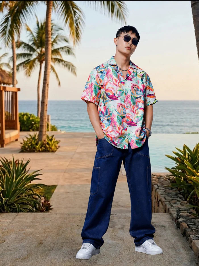 House Of Koala Abstract MCLR Print Cuban Collar Oversized Resort Shirt