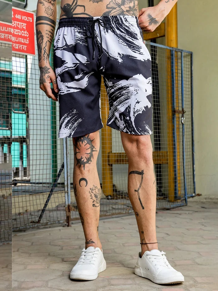 House Of Koala Black Abstract Print Textured Fabric Relaxed Fit Shorts