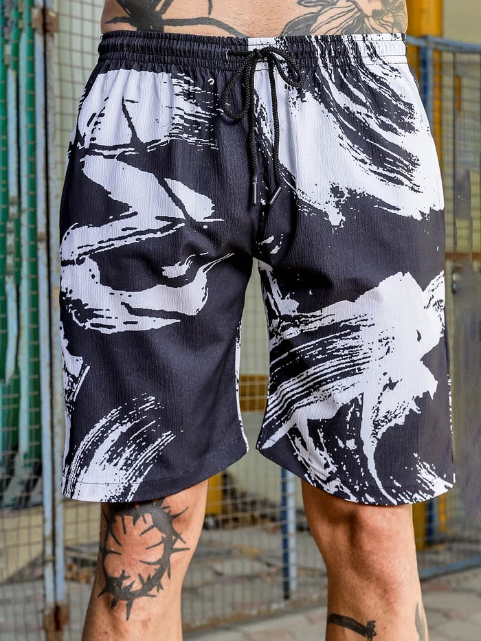 House Of Koala Black Abstract Print Textured Fabric Relaxed Fit Shorts