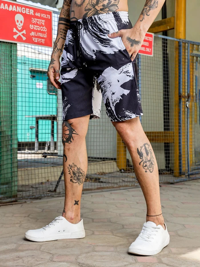 House Of Koala Black Abstract Print Textured Fabric Relaxed Fit Shorts