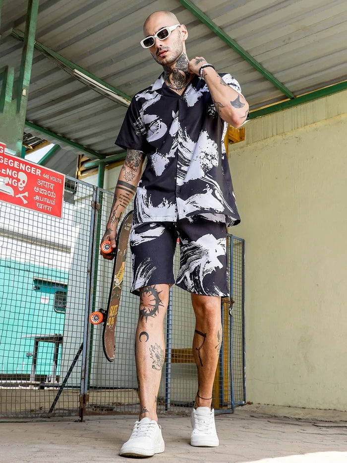 House Of Koala Black Abstract Print Textured Fabric Relaxed Fit Shorts