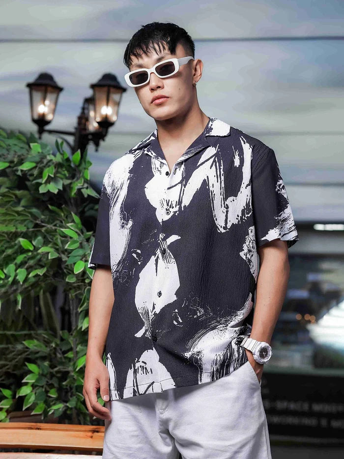 House Of Koala Black Abstract Printed Crinkled Fabric Cuban Collar Relaxed Fit Resort Shirt