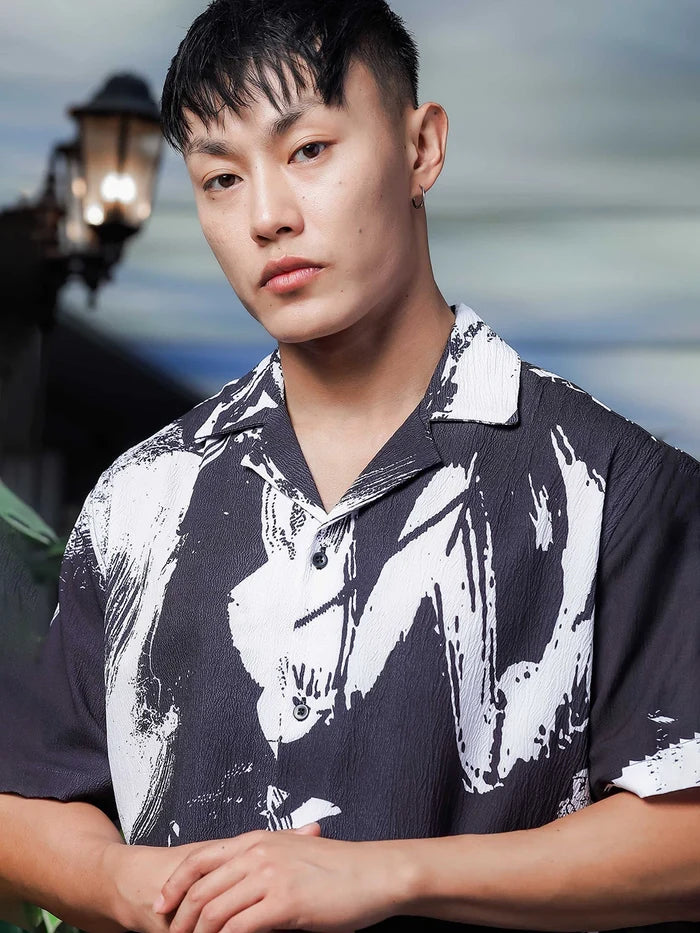 House Of Koala Black Abstract Printed Crinkled Fabric Cuban Collar Relaxed Fit Resort Shirt