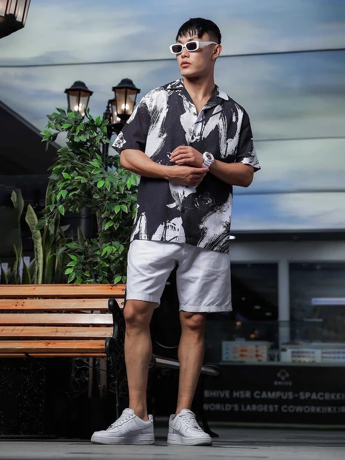 House Of Koala Black Abstract Printed Crinkled Fabric Cuban Collar Relaxed Fit Resort Shirt