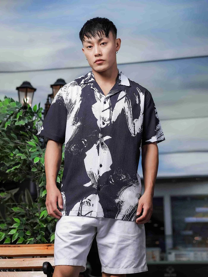 House Of Koala Black Abstract Printed Crinkled Fabric Cuban Collar Relaxed Fit Resort Shirt