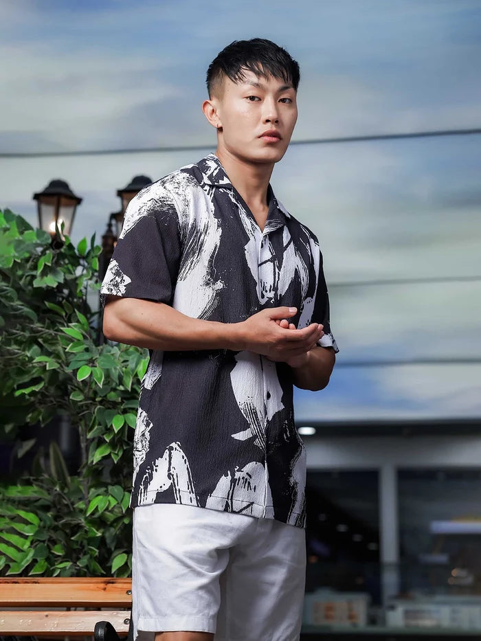 House Of Koala Black Abstract Printed Crinkled Fabric Cuban Collar Relaxed Fit Resort Shirt