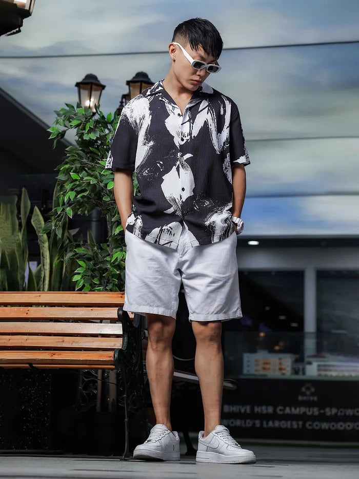 House Of Koala Black Abstract Printed Crinkled Fabric Cuban Collar Relaxed Fit Resort Shirt