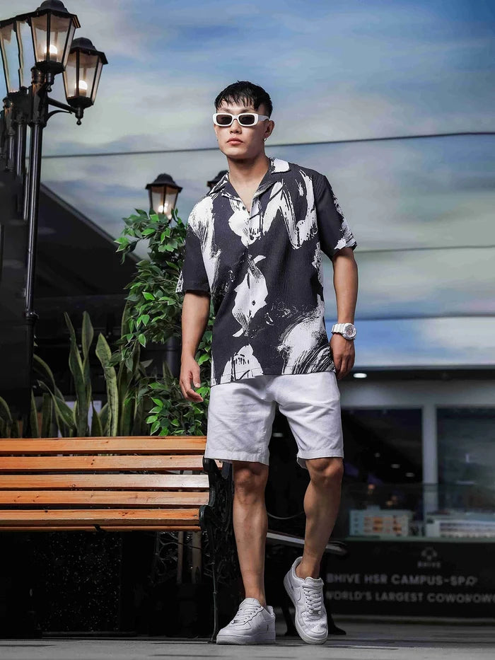 House Of Koala Black Abstract Printed Crinkled Fabric Cuban Collar Relaxed Fit Resort Shirt