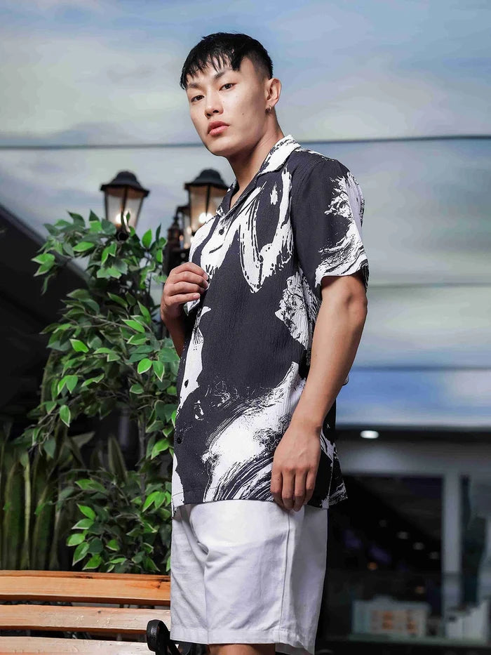 House Of Koala Black Abstract Printed Crinkled Fabric Cuban Collar Relaxed Fit Resort Shirt