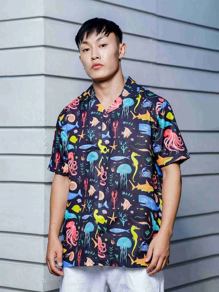 House Of Koala Black Abstract Printed Cuban Collar Classic Relaxed Fit Resort Shirt