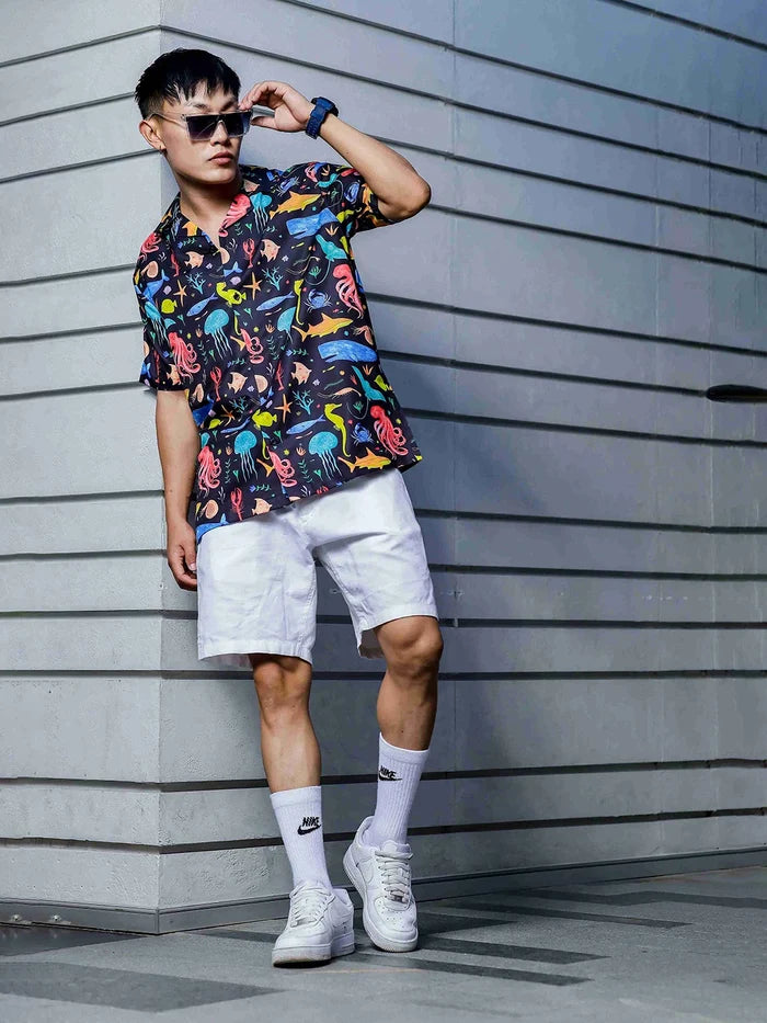 House Of Koala Black Abstract Printed Cuban Collar Classic Relaxed Fit Resort Shirt