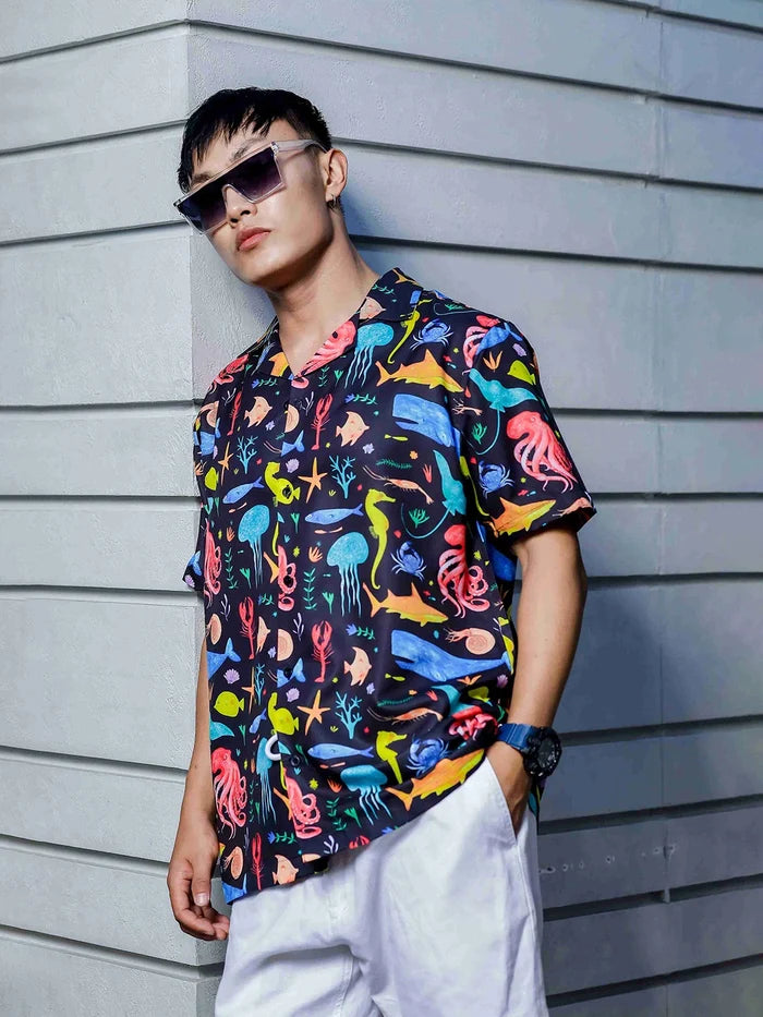 House Of Koala Black Abstract Printed Cuban Collar Classic Relaxed Fit Resort Shirt