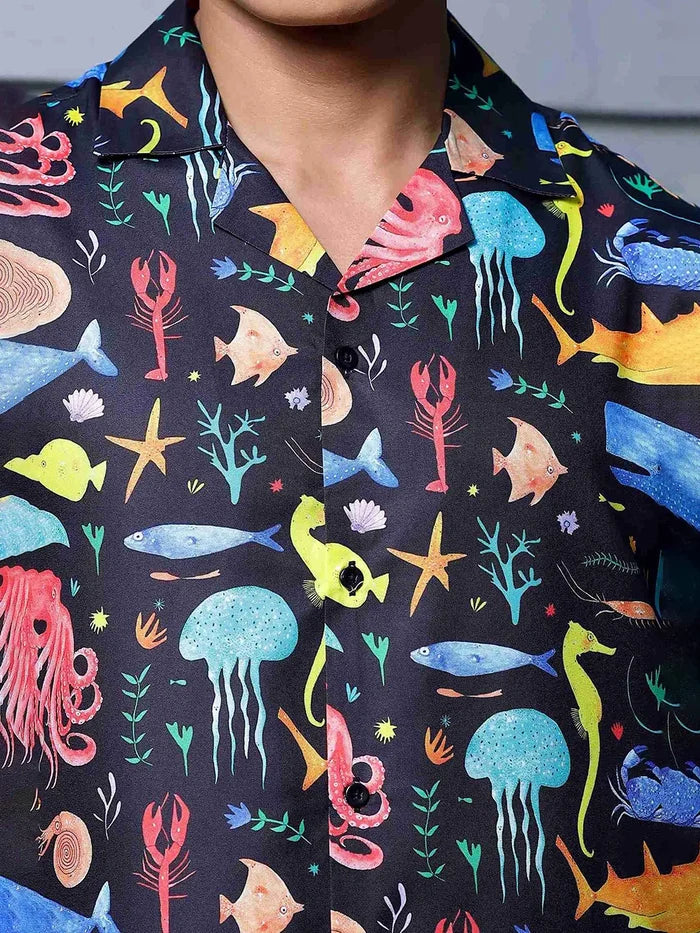 House Of Koala Black Abstract Printed Cuban Collar Classic Relaxed Fit Resort Shirt