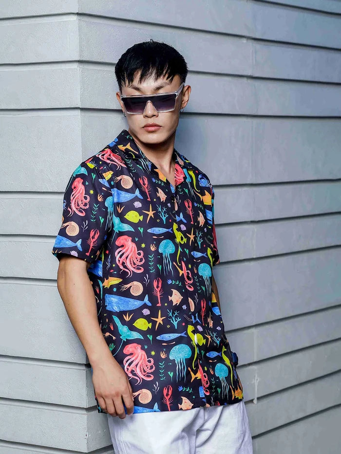 House Of Koala Black Abstract Printed Cuban Collar Classic Relaxed Fit Resort Shirt