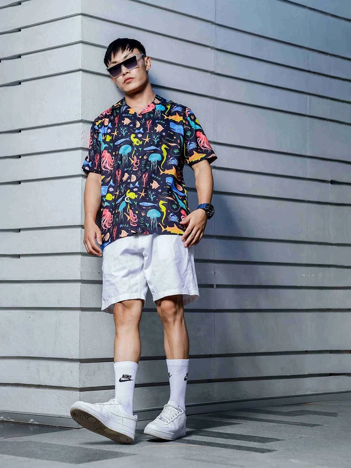 House Of Koala Black Abstract Printed Cuban Collar Classic Relaxed Fit Resort Shirt