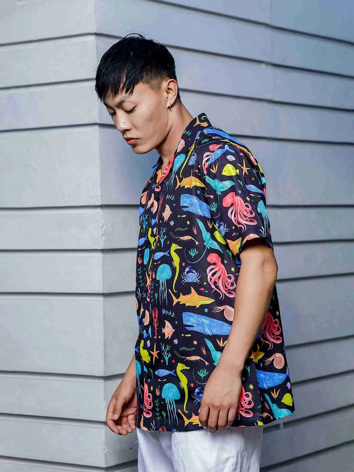 House Of Koala Black Abstract Printed Cuban Collar Classic Relaxed Fit Resort Shirt