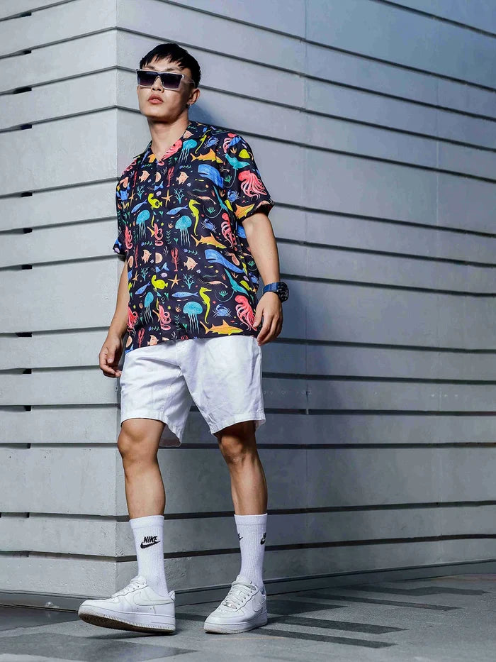 House Of Koala Black Abstract Printed Cuban Collar Classic Relaxed Fit Resort Shirt