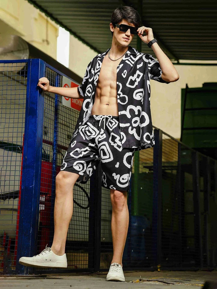 House Of Koala Black Abstract Printed Relaxed Fit Casual Shorts