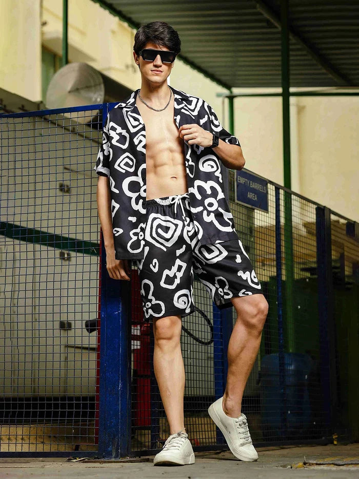 House Of Koala Black Abstract Printed Relaxed Fit Casual Shorts