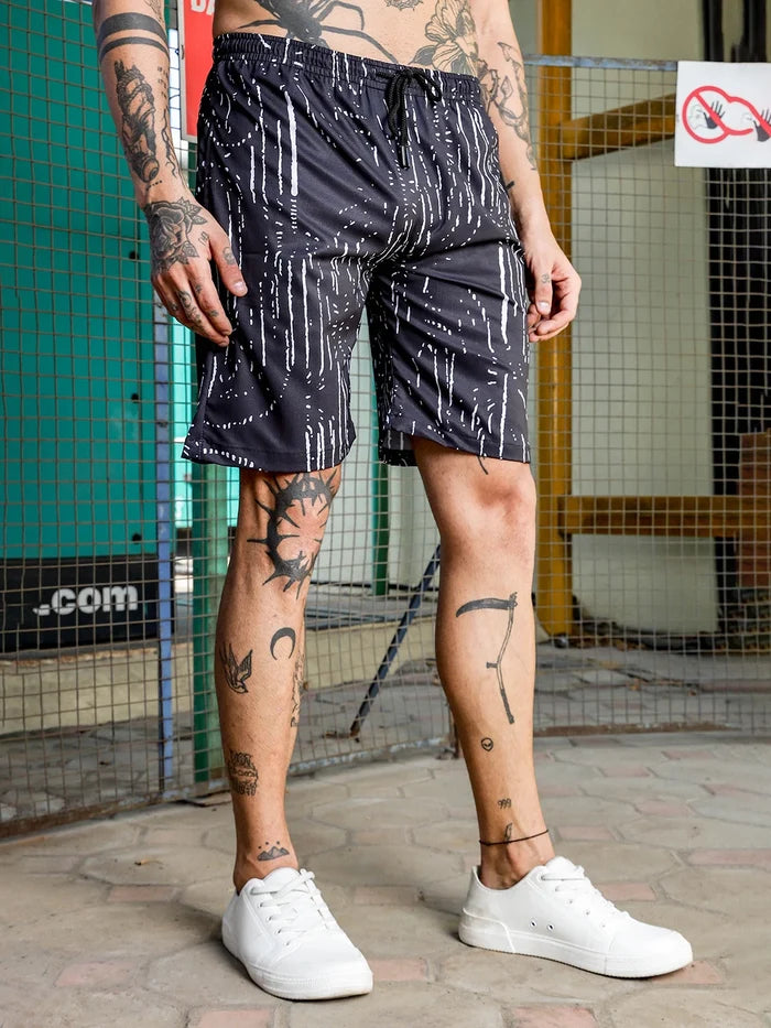 House Of Koala Black Geometric Print Textured Fabric Relaxed Fit Shorts