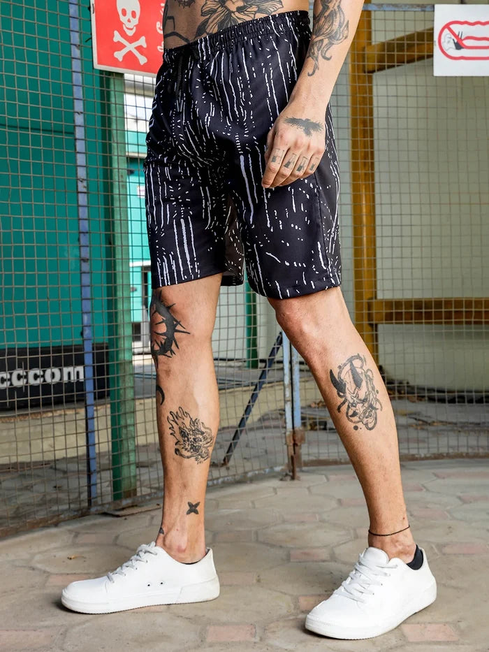 House Of Koala Black Geometric Print Textured Fabric Relaxed Fit Shorts