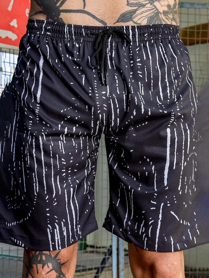 House Of Koala Black Geometric Print Textured Fabric Relaxed Fit Shorts