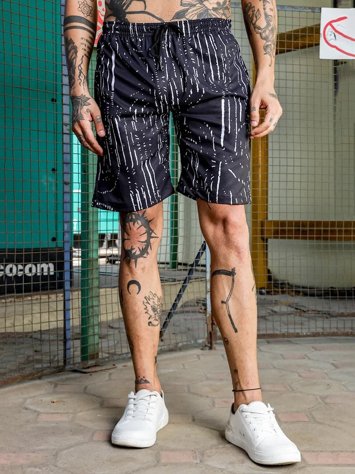 House Of Koala Black Geometric Print Textured Fabric Relaxed Fit Shorts