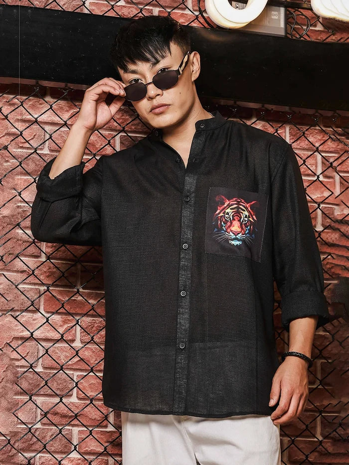 House Of Koala Black Linen Blend Mandarin Collar Relaxed Fit Shirt with Applique Pocket