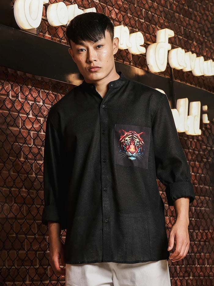 House Of Koala Black Linen Blend Mandarin Collar Relaxed Fit Shirt with Applique Pocket