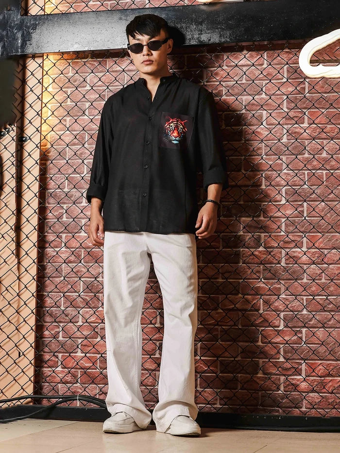 House Of Koala Black Linen Blend Mandarin Collar Relaxed Fit Shirt with Applique Pocket