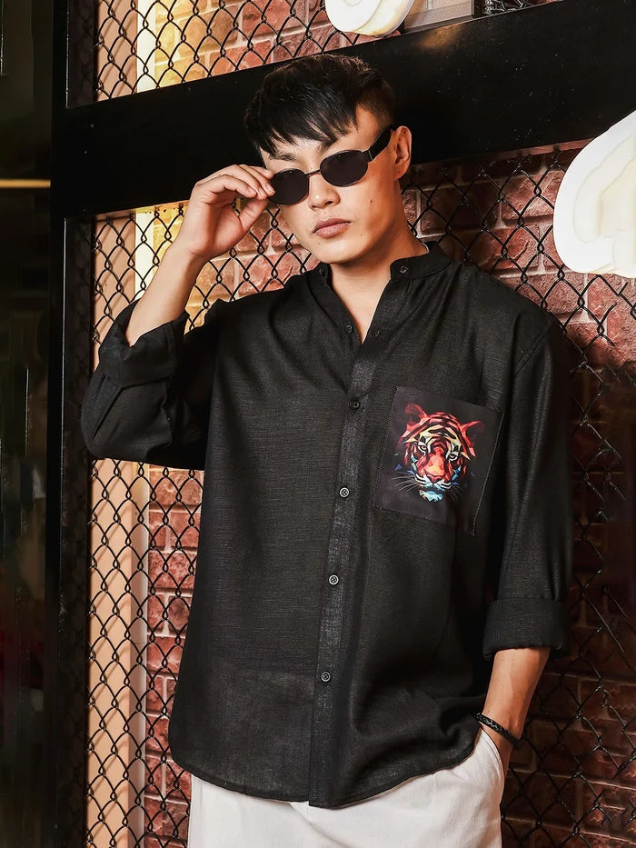 House Of Koala Black Linen Blend Mandarin Collar Relaxed Fit Shirt with Applique Pocket