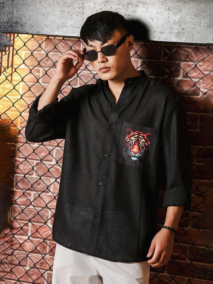 House Of Koala Black Linen Blend Mandarin Collar Relaxed Fit Shirt with Applique Pocket