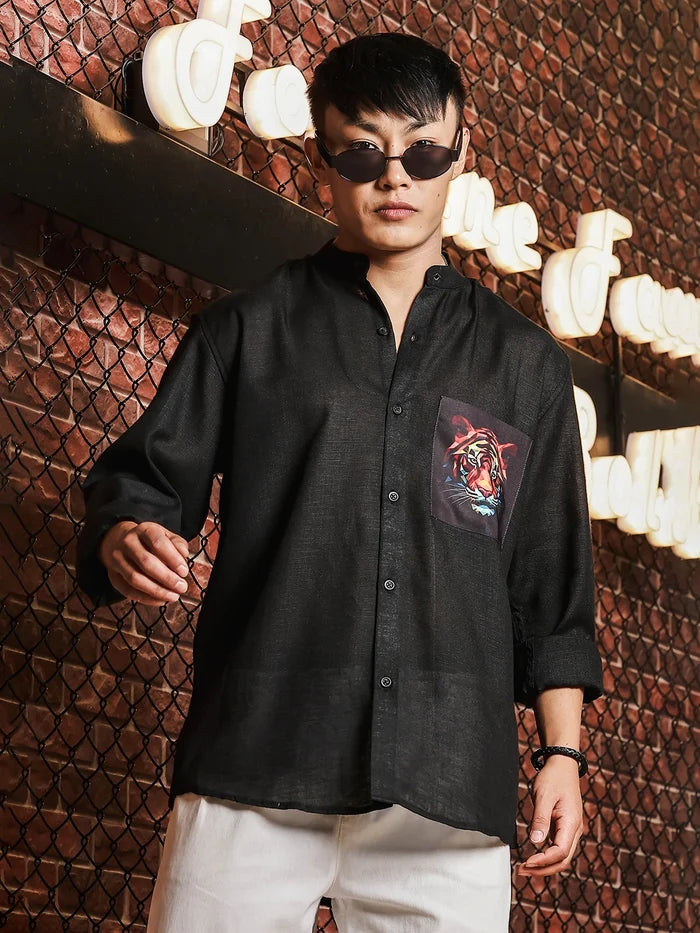 House Of Koala Black Linen Blend Mandarin Collar Relaxed Fit Shirt with Applique Pocket