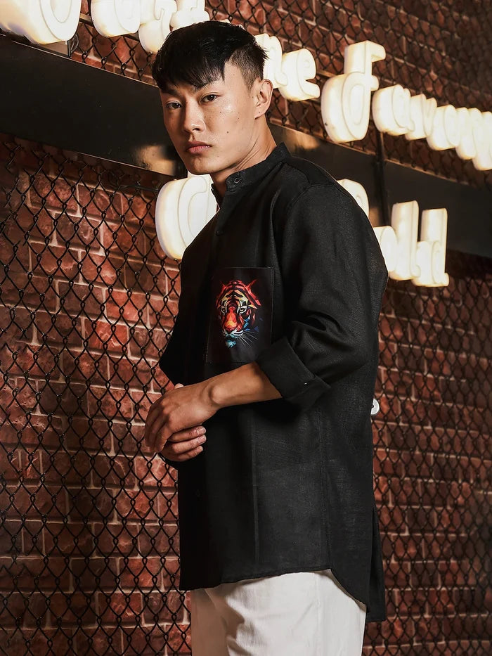 House Of Koala Black Linen Blend Mandarin Collar Relaxed Fit Shirt with Applique Pocket