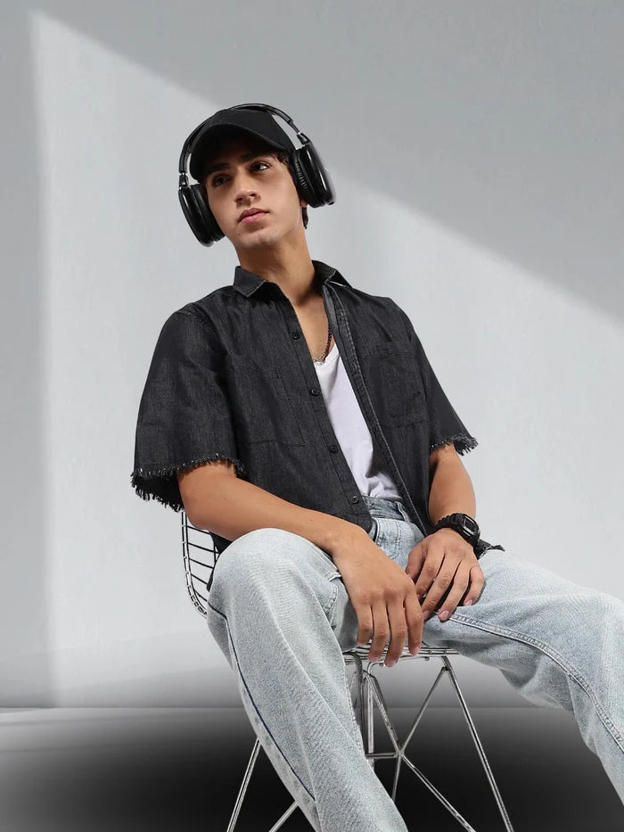 House Of Koala Black Raw Edge Oversized Box-Fit Spread Collar Premium Denim Shirt