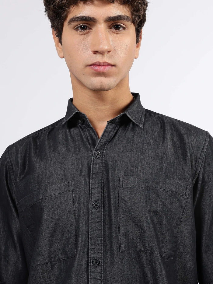 House Of Koala Black Raw Edge Oversized Box-Fit Spread Collar Premium Denim Shirt