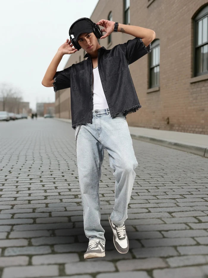 House Of Koala Black Raw Edge Oversized Box-Fit Spread Collar Premium Denim Shirt
