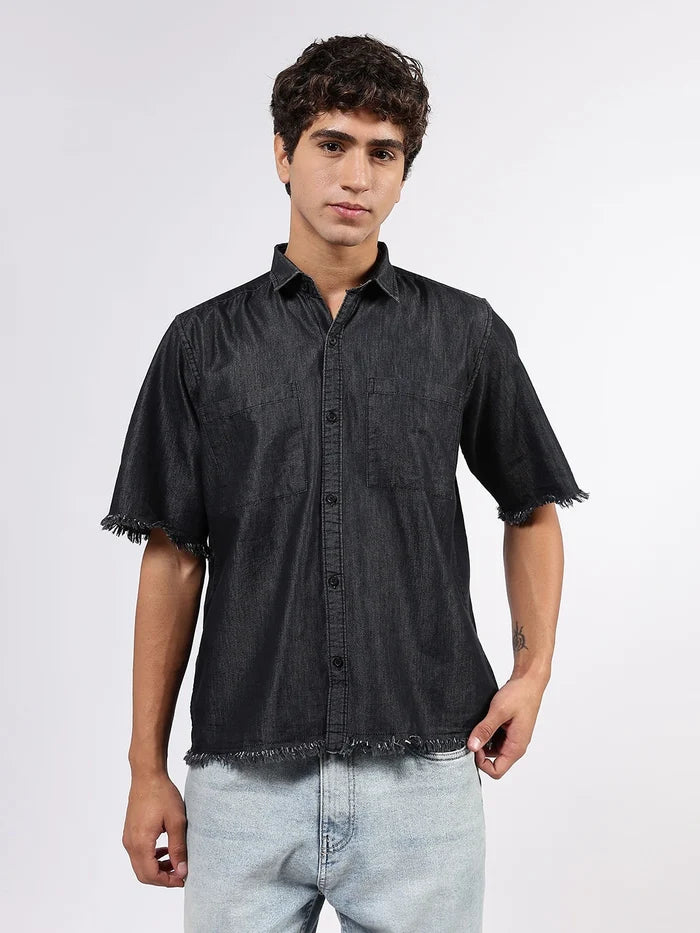 House Of Koala Black Raw Edge Oversized Box-Fit Spread Collar Premium Denim Shirt