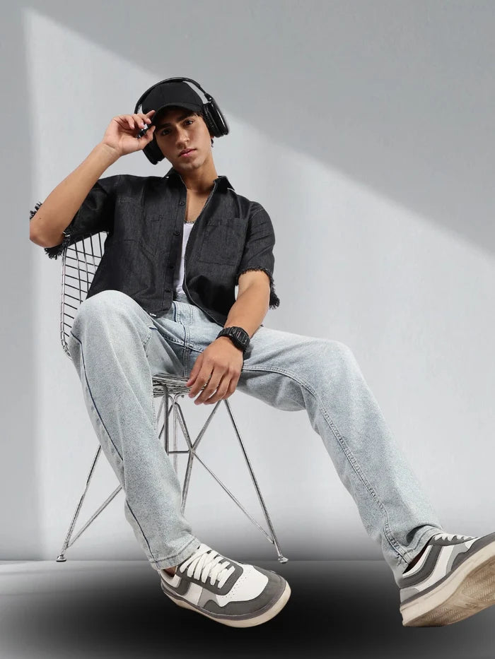 House Of Koala Black Raw Edge Oversized Box-Fit Spread Collar Premium Denim Shirt