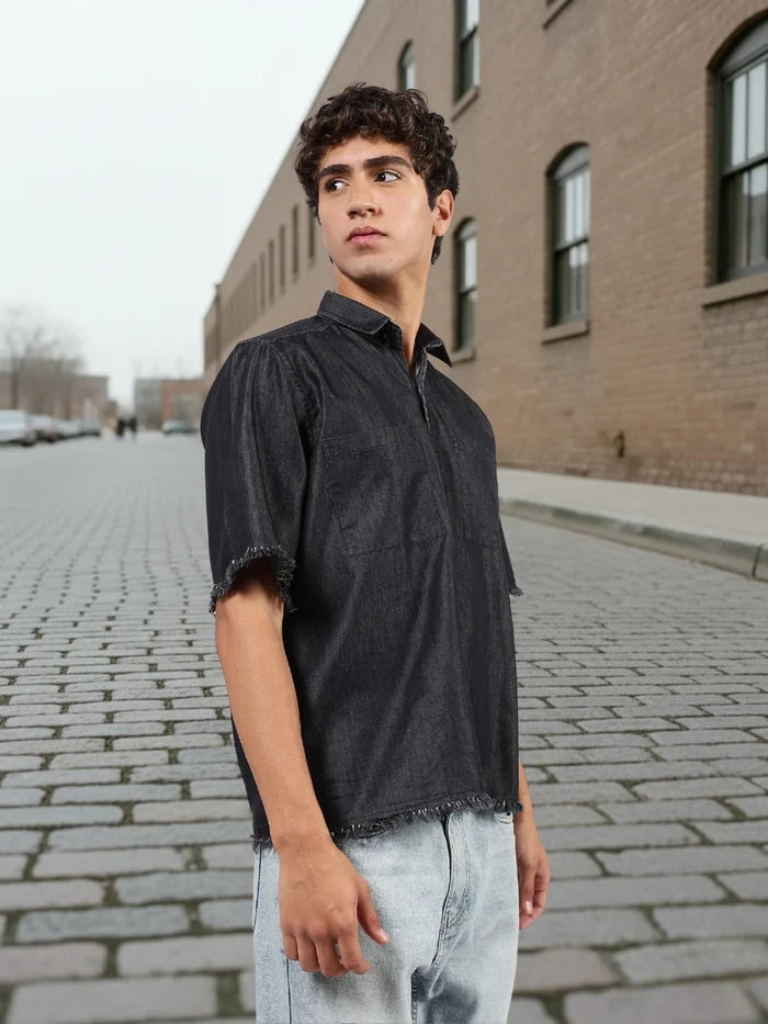 House Of Koala Black Raw Edge Oversized Box-Fit Spread Collar Premium Denim Shirt
