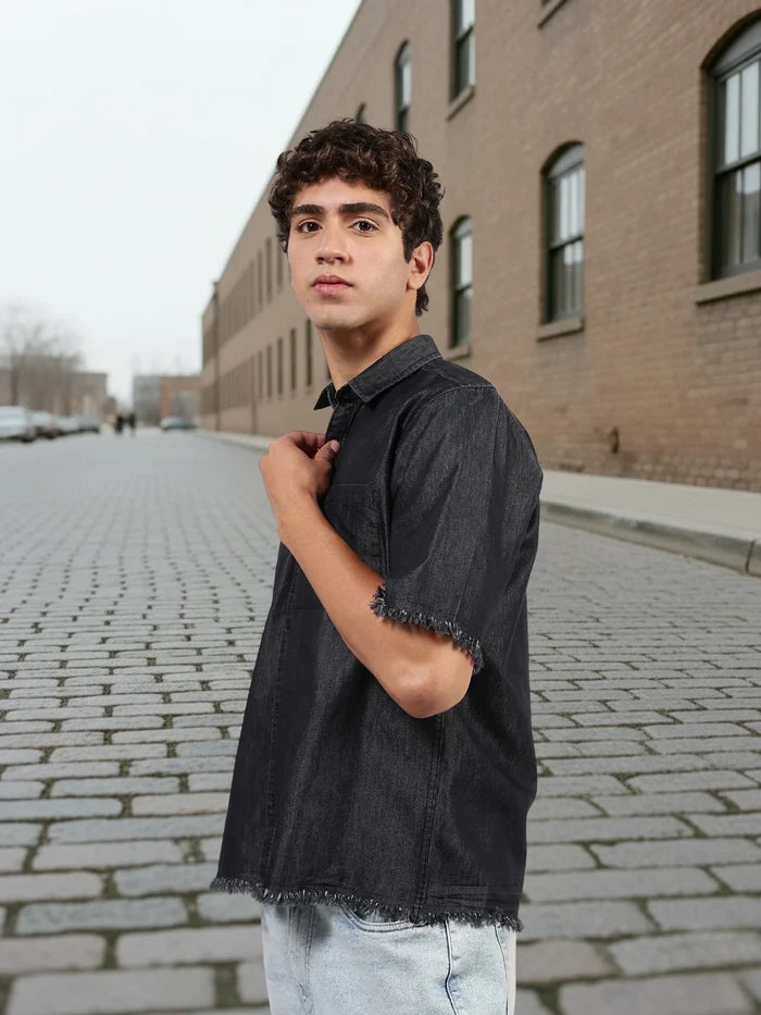 House Of Koala Black Raw Edge Oversized Box-Fit Spread Collar Premium Denim Shirt