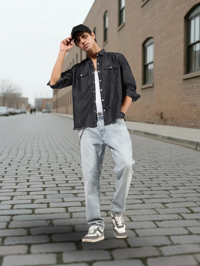 House Of Koala Black Raw Edge Oversized Relaxed Fit Full Sleeve Spread Collar Premium Denim Shirt