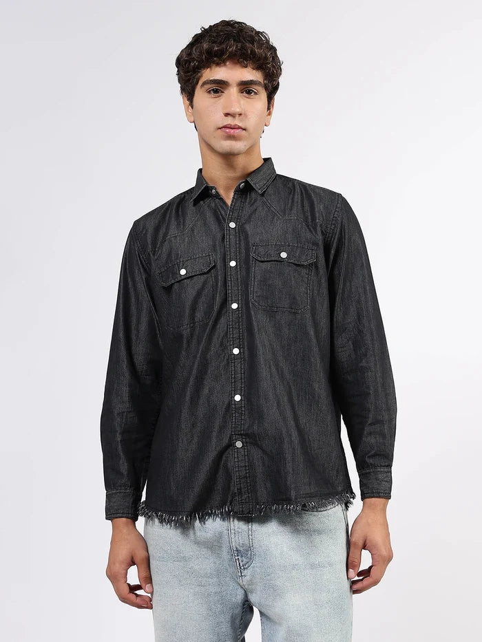 House Of Koala Black Raw Edge Oversized Relaxed Fit Full Sleeve Spread Collar Premium Denim Shirt