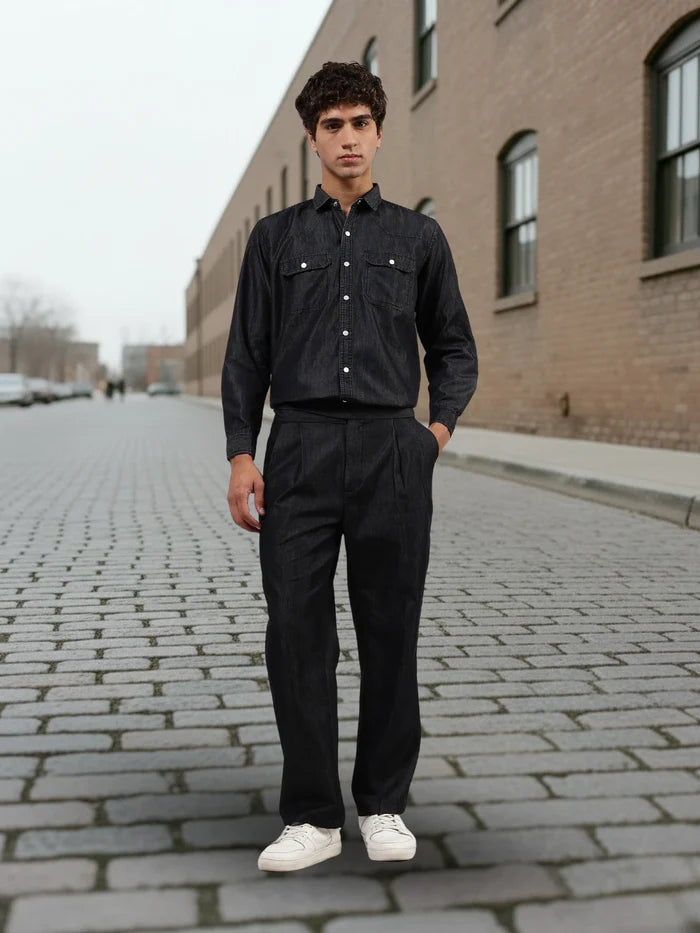 House Of Koala Black Raw Edge Oversized Relaxed Fit Full Sleeve Spread Collar Premium Denim Shirt