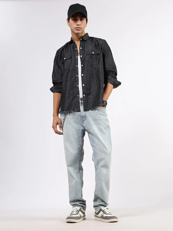House Of Koala Black Raw Edge Oversized Relaxed Fit Full Sleeve Spread Collar Premium Denim Shirt